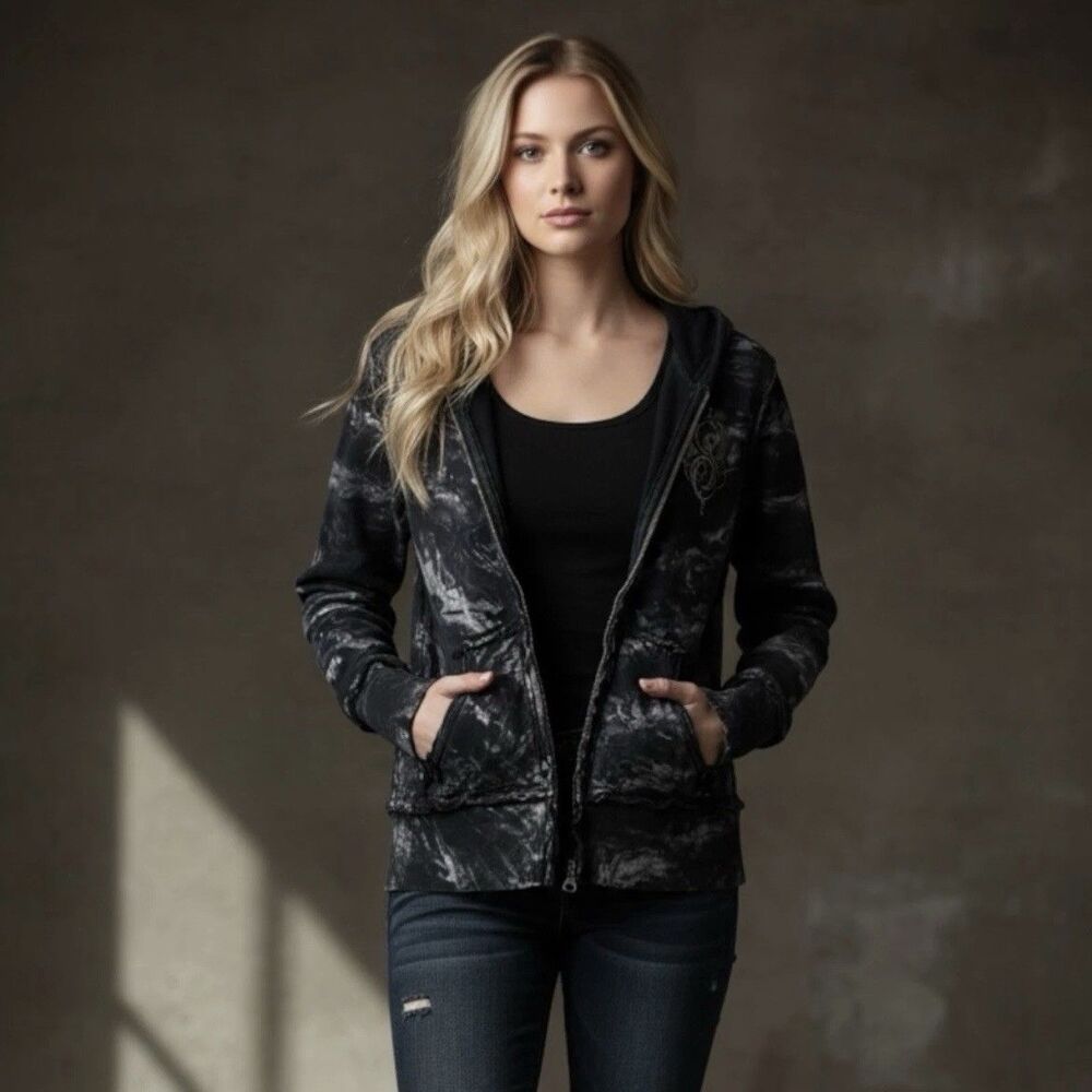 Sinful By Affliction S Grunge Black Jacket Hoodie Rhinestone Skull Wings Y2K - Picture 10 of 15